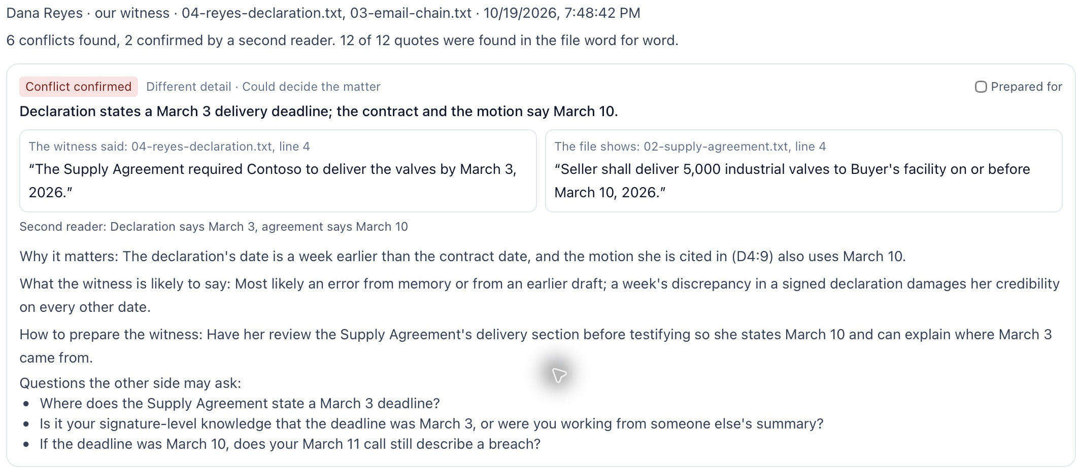 Witness-statement comparison from the current application using invented sample documents.